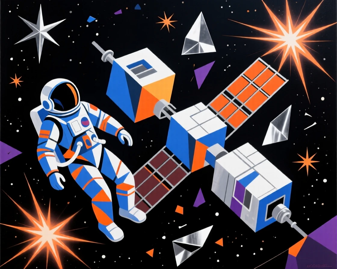 A stunning cosmic view of an astronaut drifting beside a space station glowing against the infinite blackness of space.