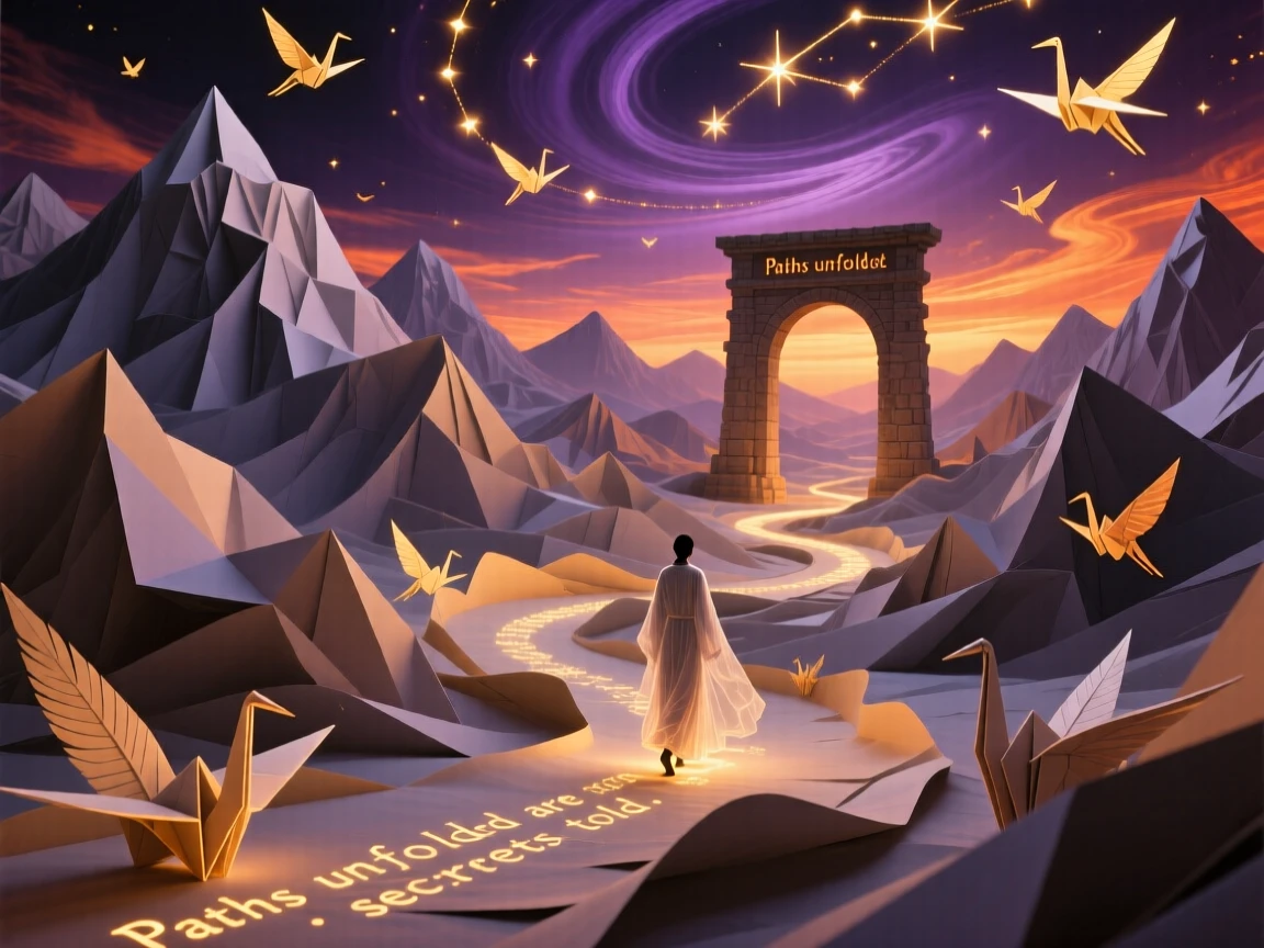 A mountain range that folds and unfolds like paper origami unfolds new paths each time it is entered, while a lone figure walks quietly through its heart.