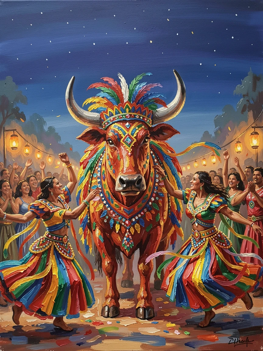 A vibrant Brazilian Bumba Meu Boi festival shows elaborately costumed performers dancing around a giant decorated ox figure at night, the surrounding crowd adding energy and movement to the edges of the composition.
