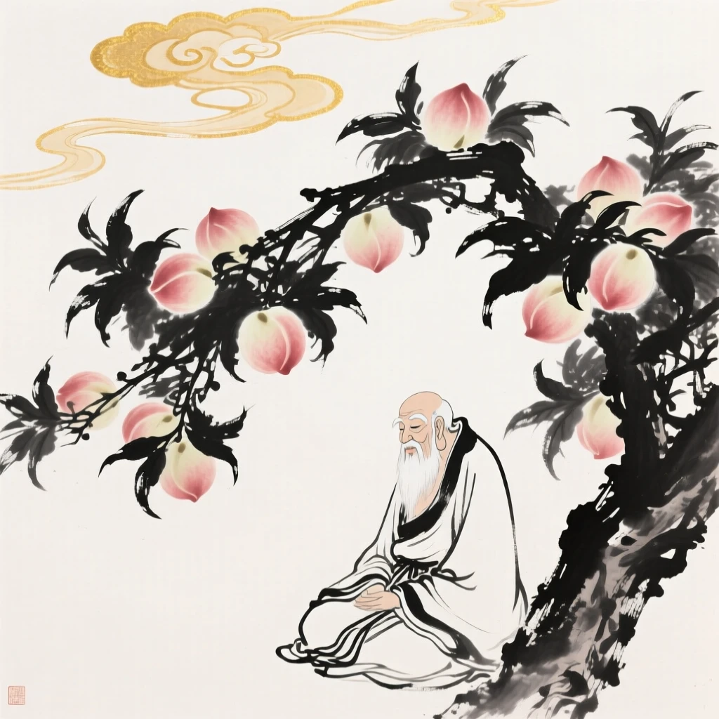 A wise deity sits beneath a peach tree heavy with fruit, beneath a sky filled with drifting golden clouds.