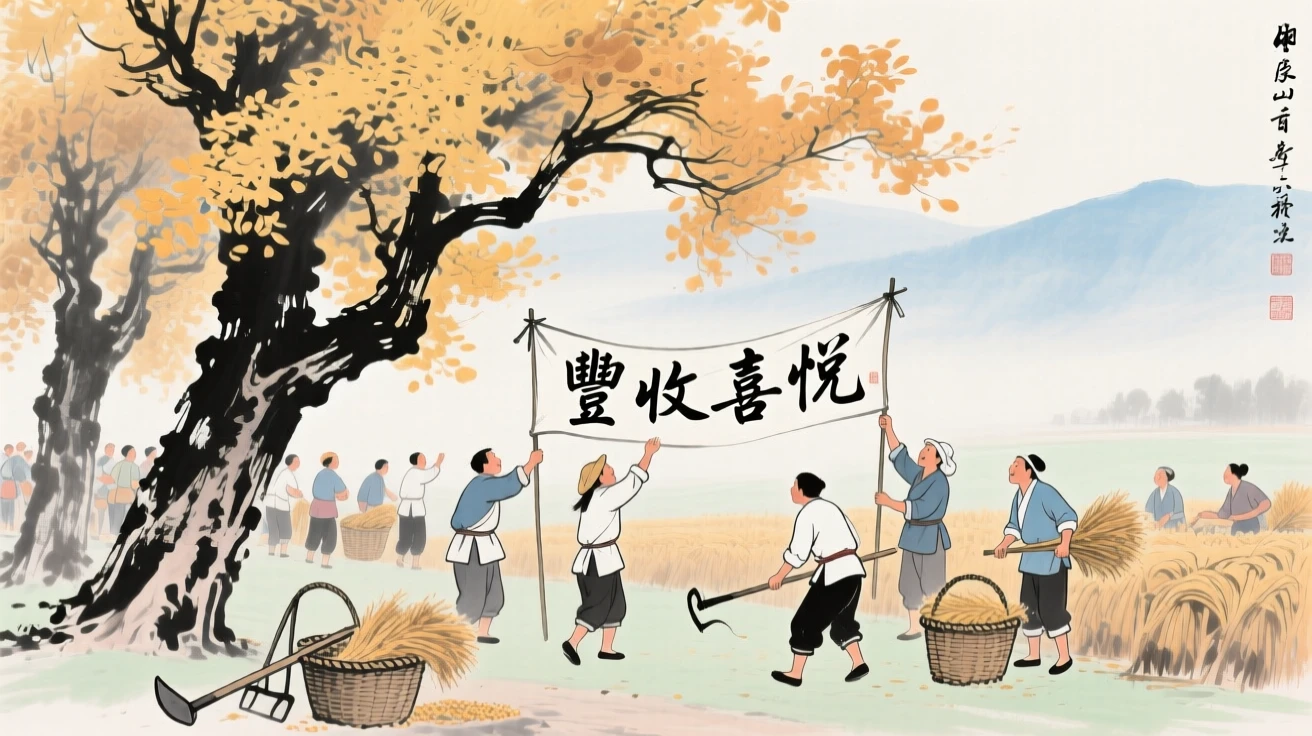 Farmers celebrating a bountiful harvest beneath golden autumn trees, as morning mist begins to lift.