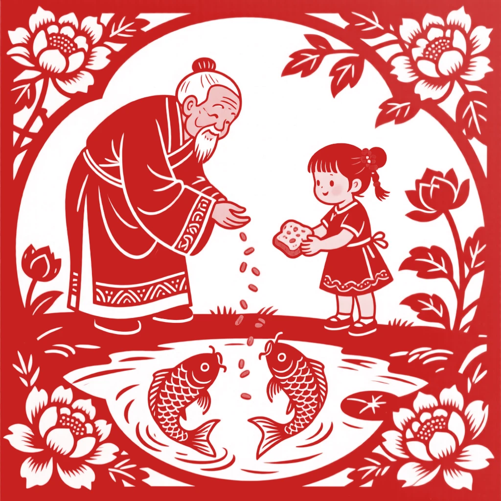 A grandfather and granddaughter feeding koi fish at the edge of a garden pond, bread crumbs in her small hand