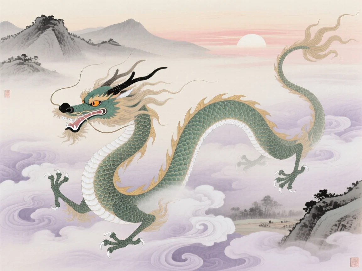 A dragon with whiskers streaming behind it through a swirling mist at dawn