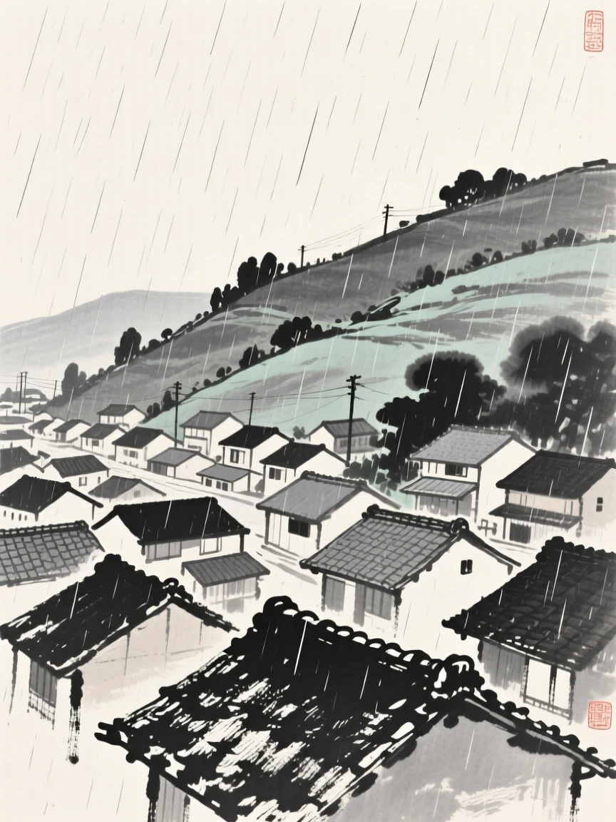 A summer rain shower over a quiet village rooftop on a hillside overlooking the village below, seen from a gentle elevated view over the gathering below, conveying cozy stillness and seasonal wonder.