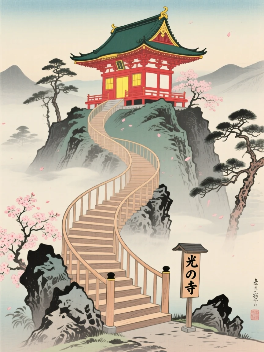 A spiral staircase winding toward a glowing temple, nestled in a valley of drifting mist.