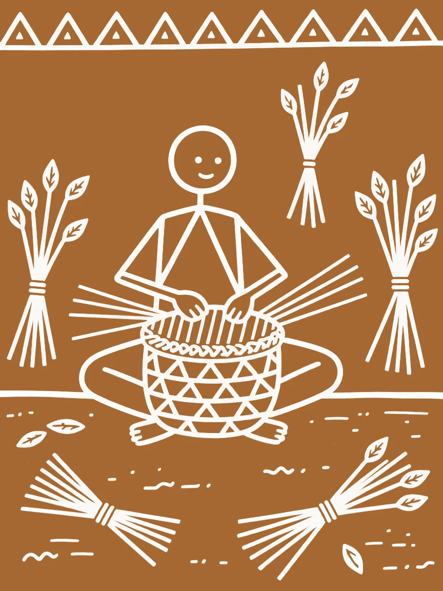 A farmer weaving a basket from dried reeds.