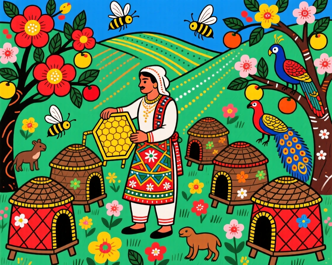 A beekeeper tending hives that pollinate a valley of orchards.