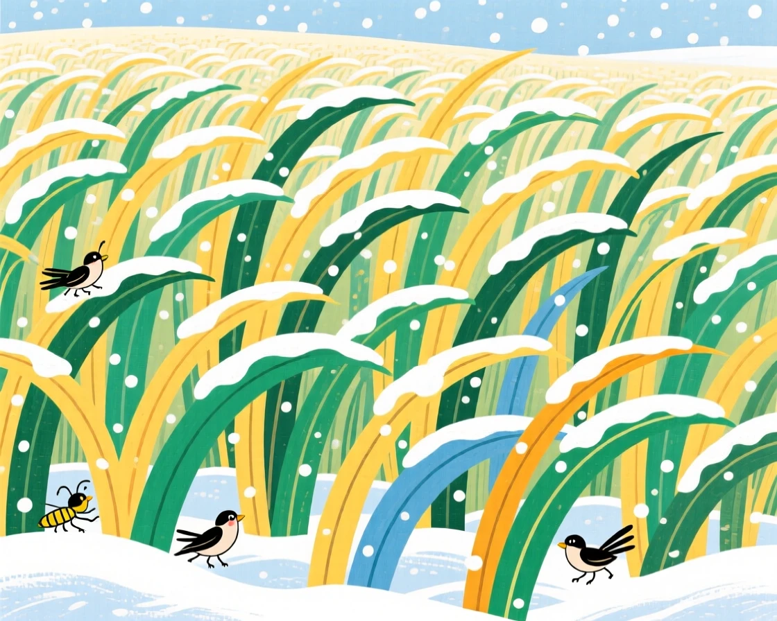 A field of tall grass, during the first snow of winter.