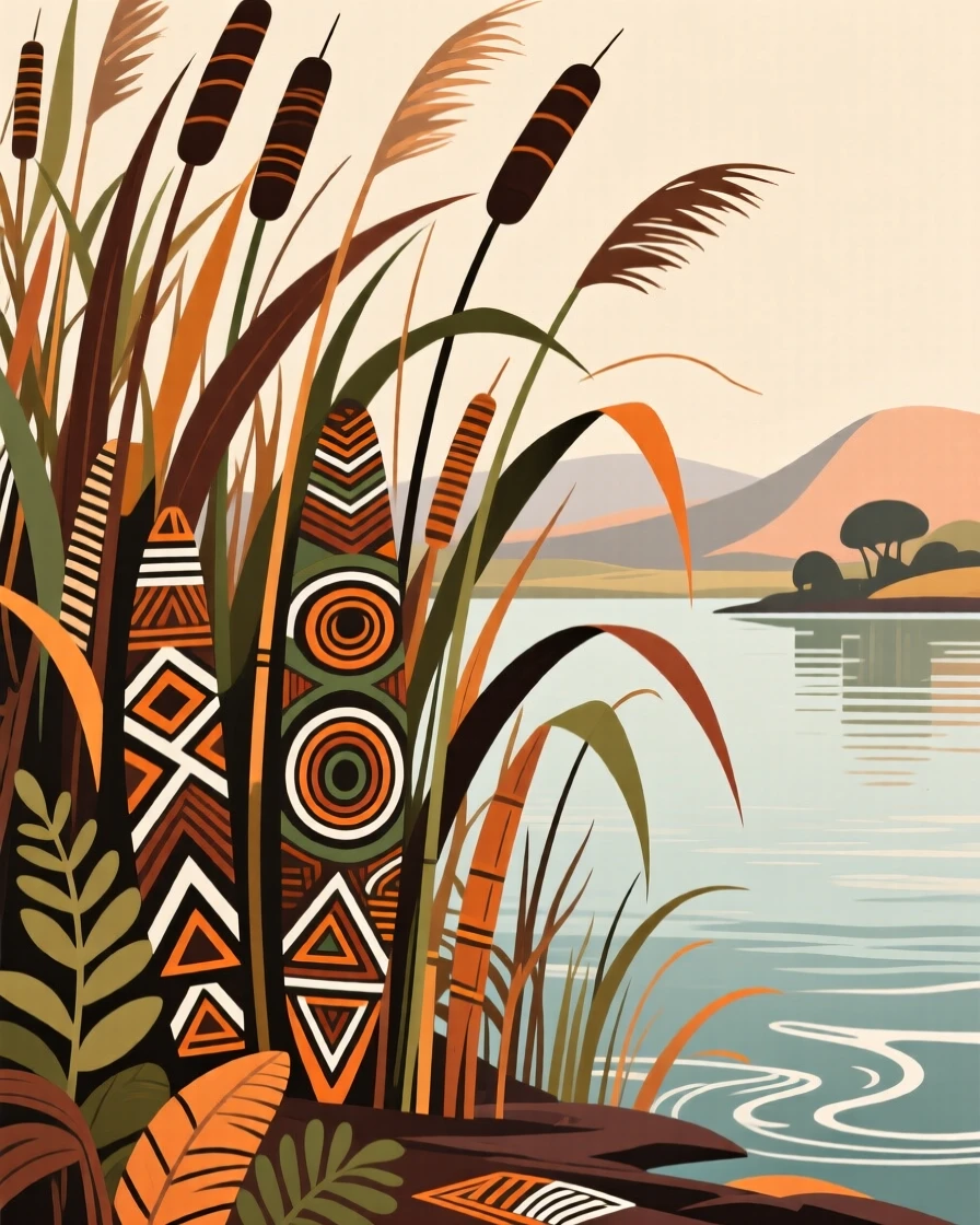 A thicket of tall reeds swaying beside a lake.