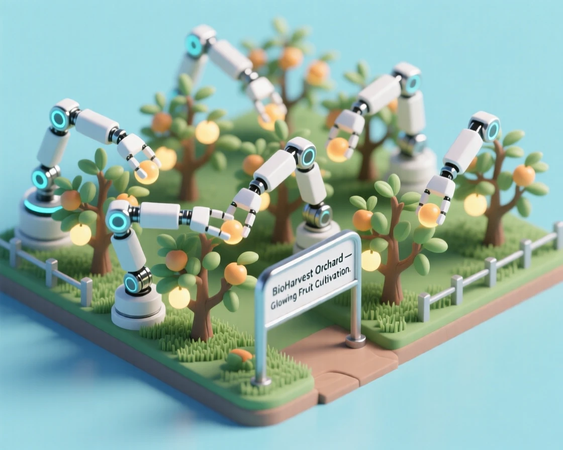 A futuristic orchard where robotic arms gently harvest glowing fruit from rows of bioengineered trees.