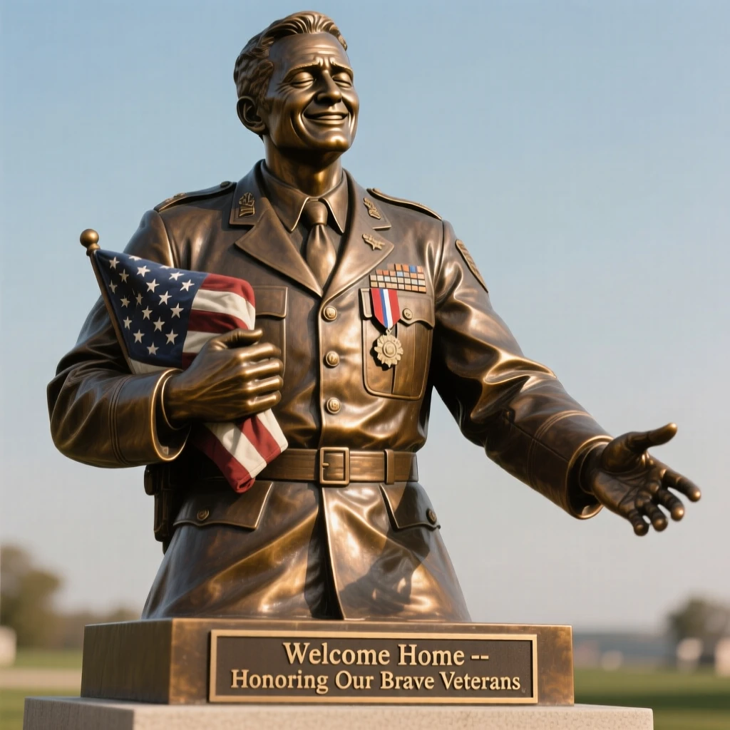 A veteran soldier returning home, in a moment of pure emotion, forming a strong central focal point