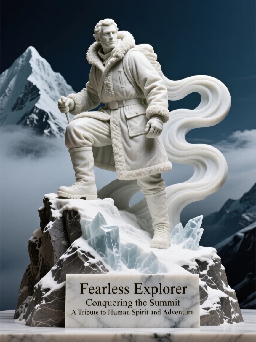 An evocative depiction of a fearless explorer atop a snowy peak, amid swirling clouds and mist, balancing detail with emotional depth