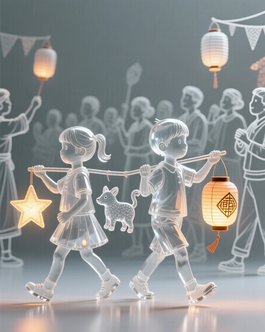 Children carrying handmade lanterns through a festival crowd while drums echo steadily through the crowd