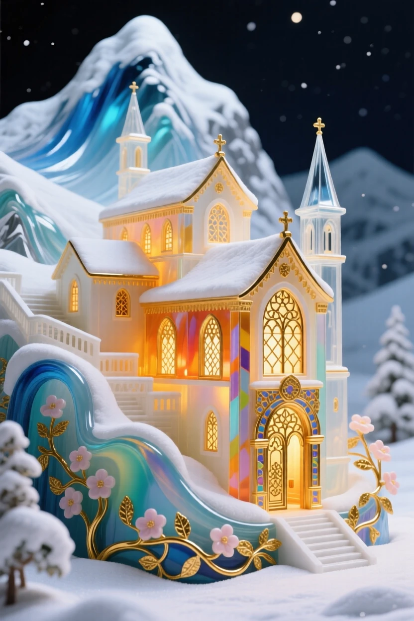 A grand mountain monastery glowing warmly beneath a blanket of freshly fallen snow, spiritual and cozy.
