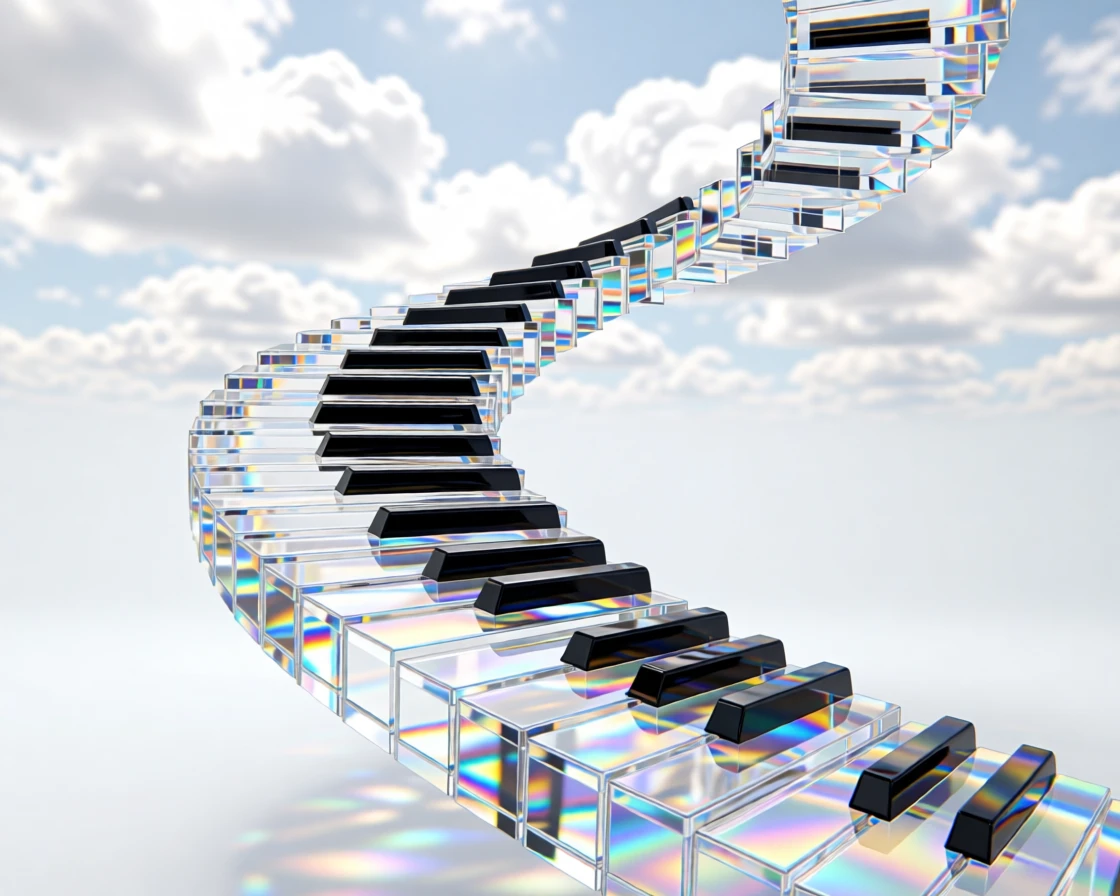 A dreamlike staircase made of piano keys ascending into a cloud-filled sky.
