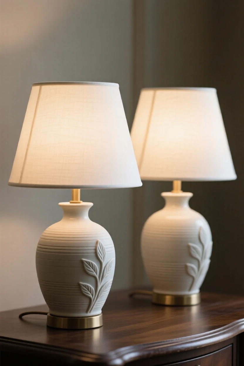 A pair of matching table lamps with soft glowing shades arranged as an accent piece with quiet sophistication, accented with subtle, tasteful ornamentation, capturing graceful beauty fit for a fine interior.
