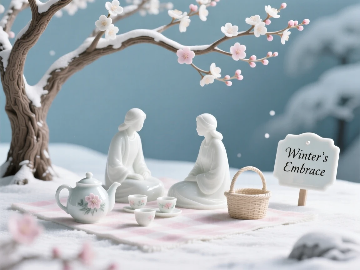 A cozy winter moment: a picnic beneath blossoming trees, bathed in soft seasonal light.