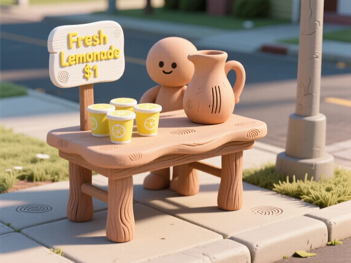 A summer lemonade stand on a sunny suburban sidewalk