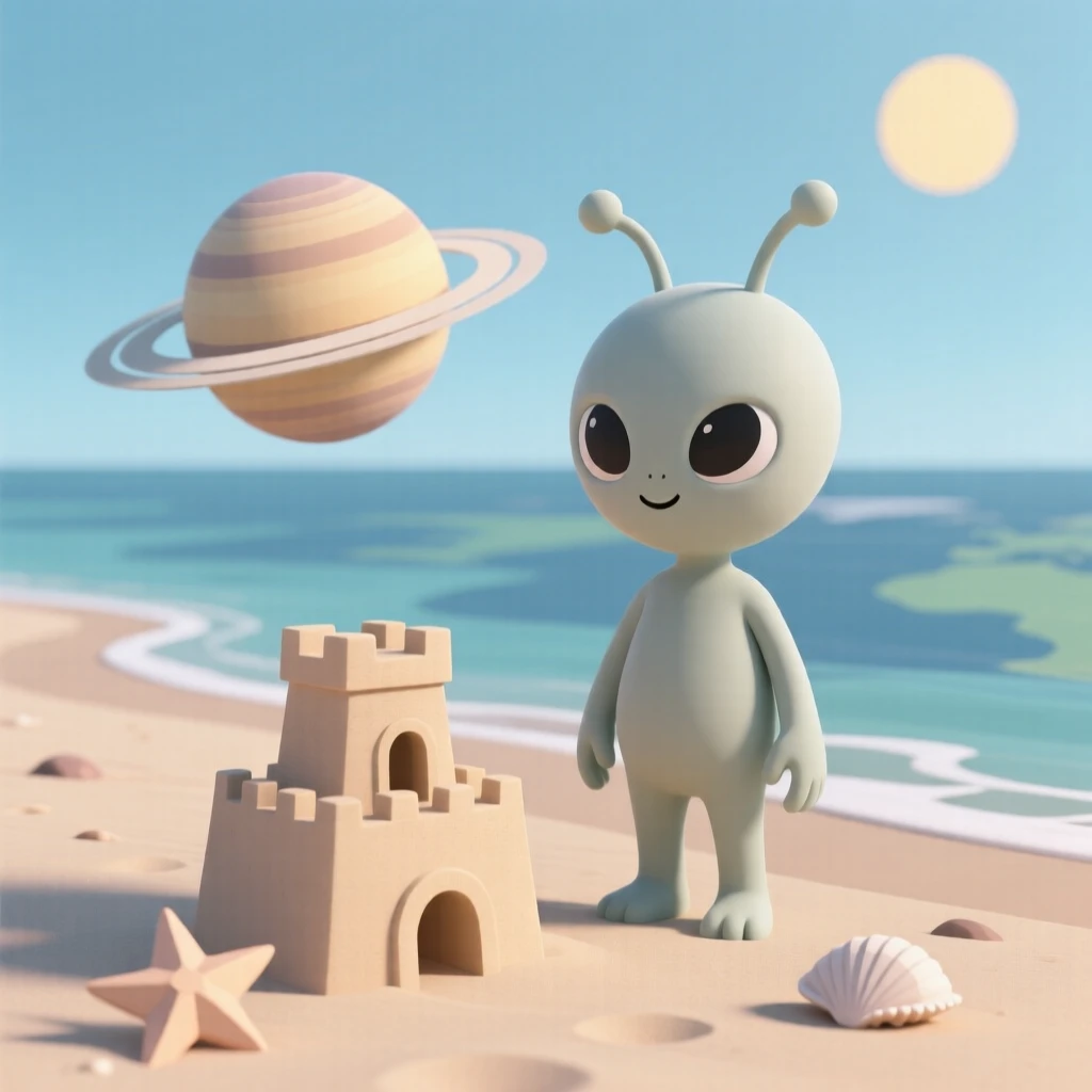 A curious alien child builds a sandcastle shaped like their home planet on an Earth beach.