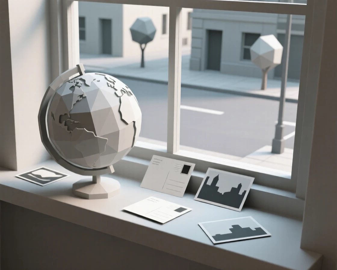 A globe surrounded by scattered travel postcards, on a windowsill overlooking a quiet street. the composition uses a balanced, classic still-life arrangement. The scene feels nostalgic and quiet.