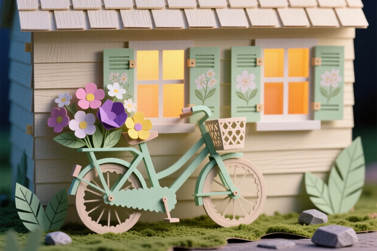 A flower-covered bicycle leaning against a cottage wall glowing warmly in the evening, with soft natural textures throughout the scene, conveying gentle self-care and calm.