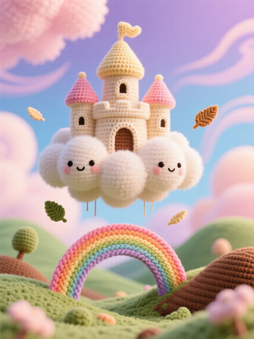 An imaginative scene of a small floating castle made of clouds with soft turrets and a rainbow bridge, drifting above a quiet valley beneath a swirling pastel sky; a soft breeze carrying tiny leaves nearby, full of gentle magical wonder.