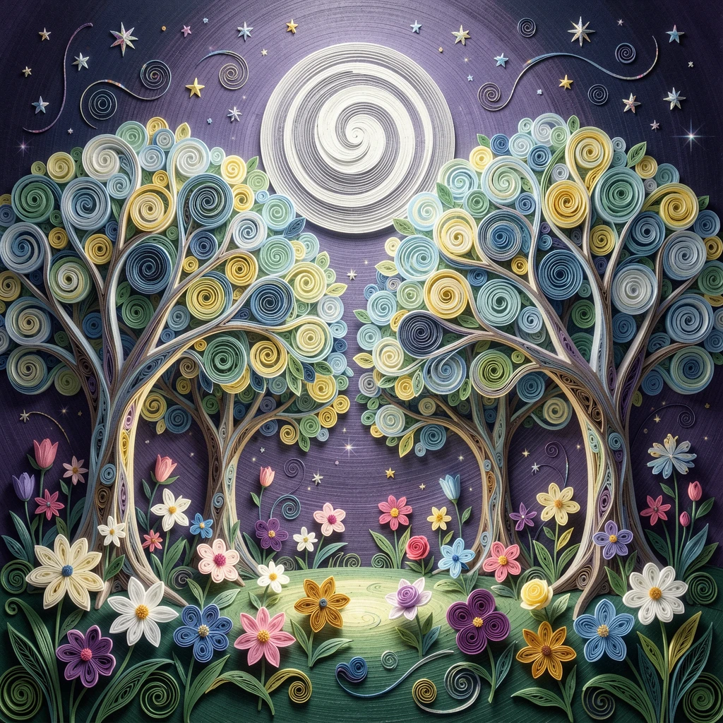 a moonlit garden where flowers glow softly at night, beneath a canopy of glowing luminescent trees, shown in a grand, awe-inspiring wide composition, with shimmering starlight reflected on every surface.