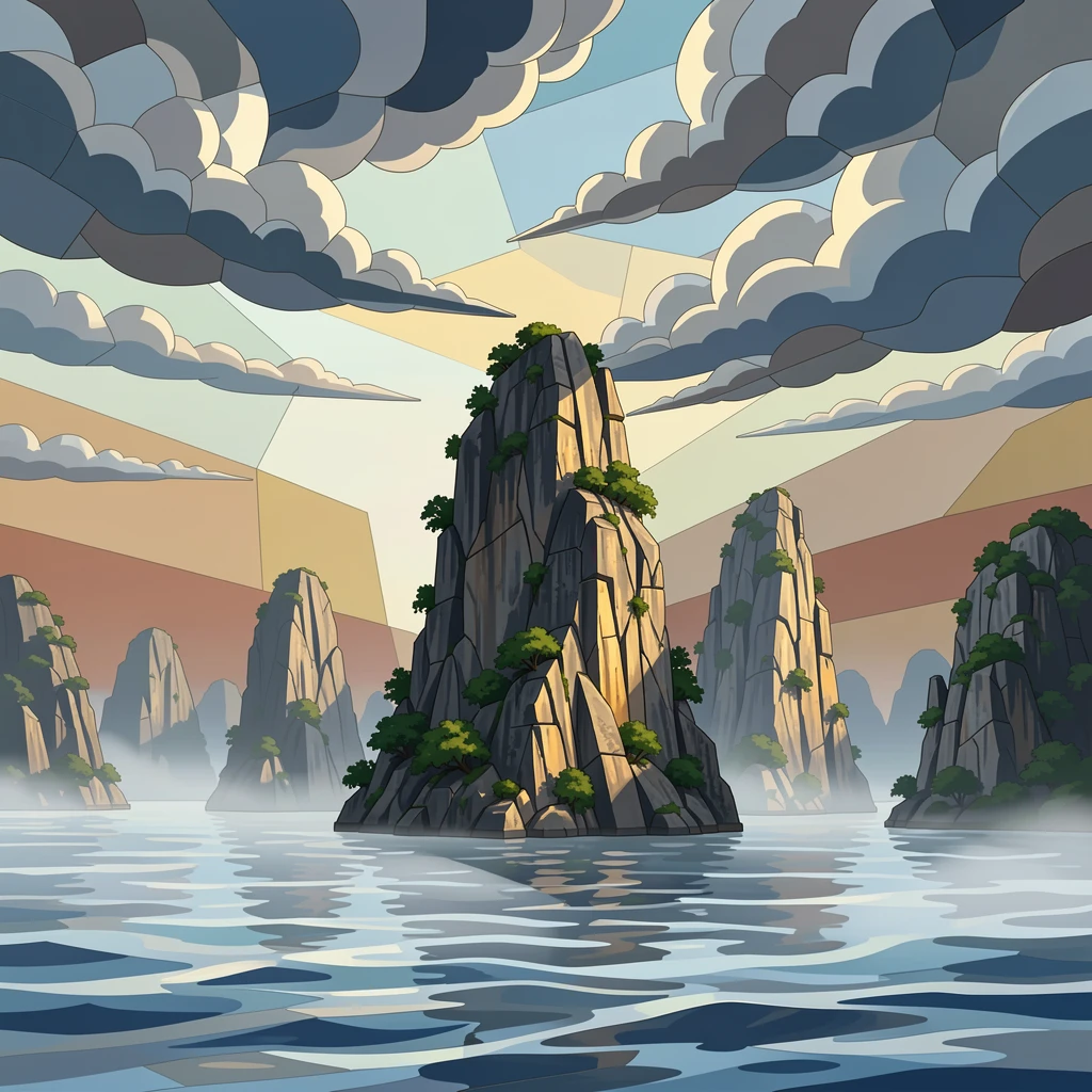 A wide panoramic view of a dramatic karst limestone landscape rising from misty waters, with dramatic clouds and rich natural color.