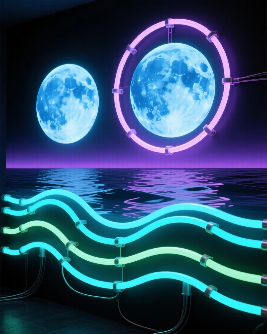 A view of twin moons rising over an alien ocean.