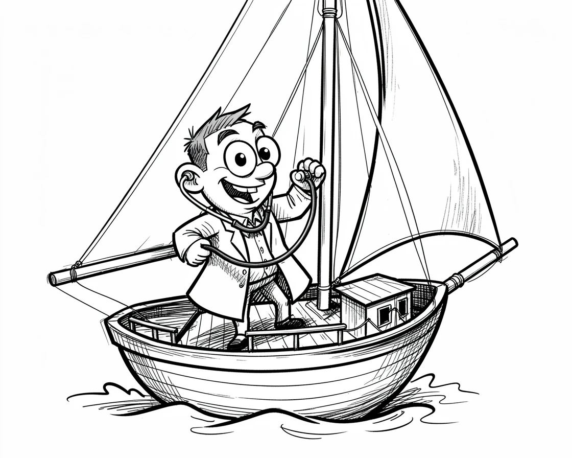 A doctor listening to a heartbeat with a stethoscope on the deck of a small sailing ship.