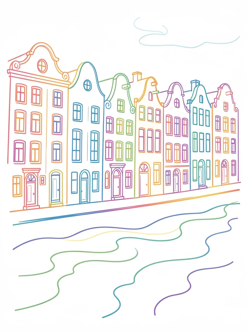 A row of narrow, colorful townhouses along a European canal.