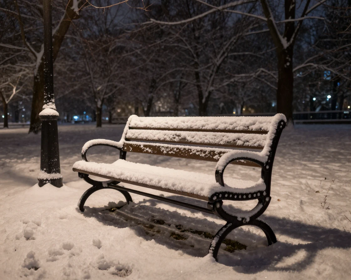 A snow-covered park bench under a streetlamp at night