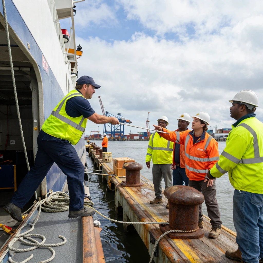 A ferry deckhand throws a mooring line to dock workers waiting on the pier.