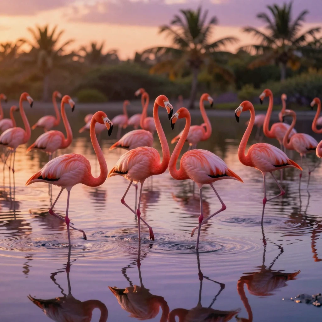 A flock of pink flamingos wading gracefully through a shallow lagoon at sunset