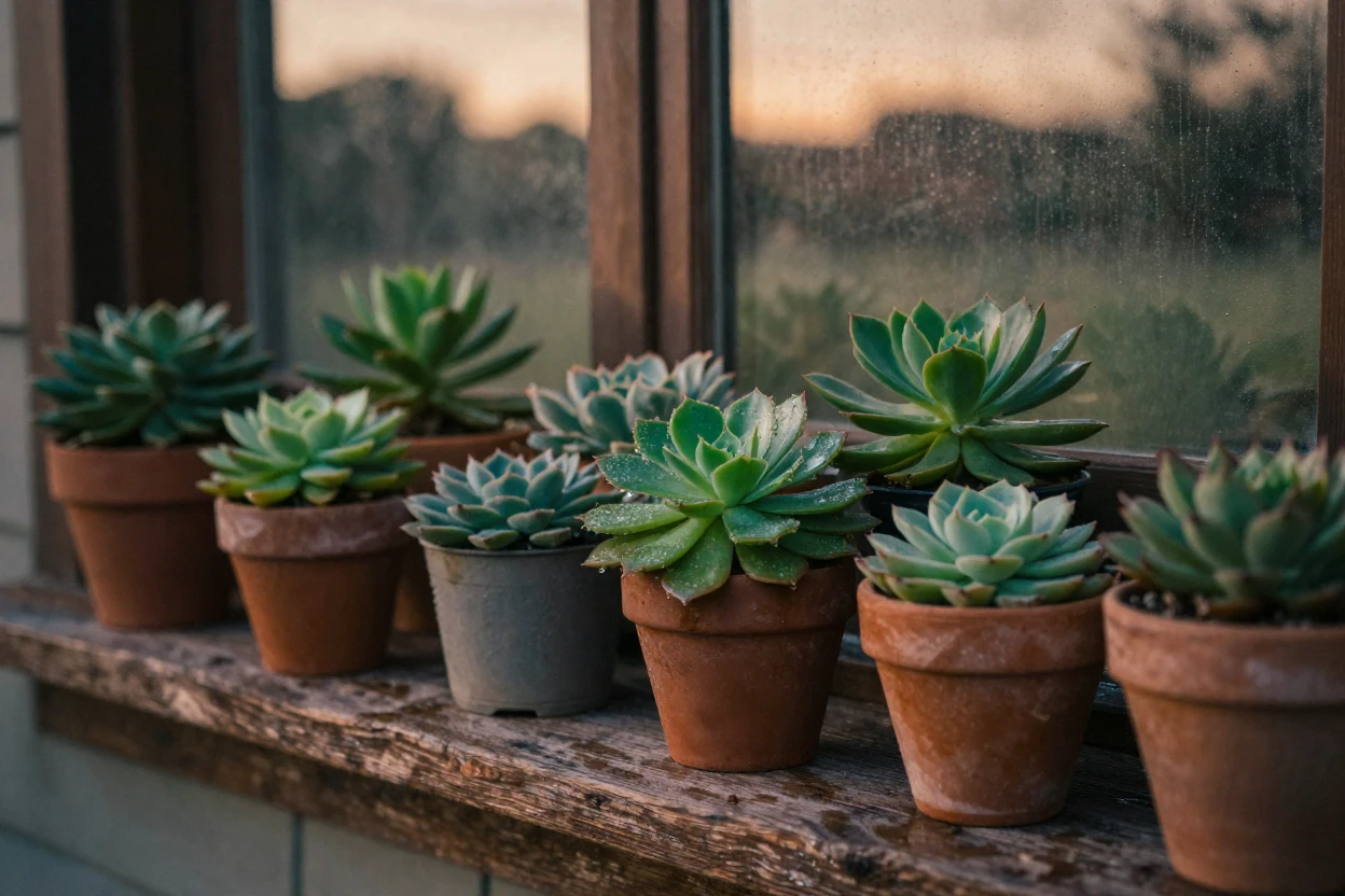 A row of potted succulents arranged on a rustic windowsill, in the last light of dusk, under a light drizzle, in the height of summer, with deep emerald greens and browns, from a three-quarter angle.