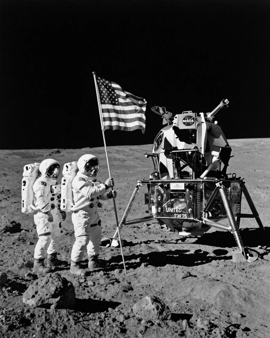 A team of early astronauts plants a flag on new terrain beside a parked lunar module.
