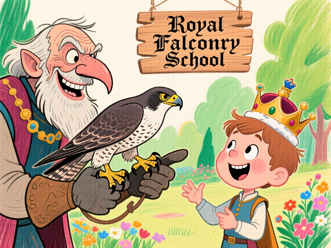 A royal falconer training a young prince in the art of hawking.