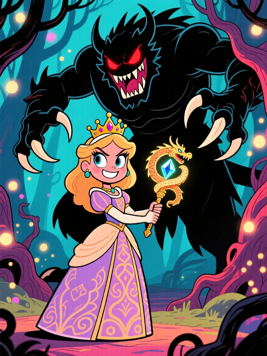 An imaginative fantasy scene of a clever princess facing down a mighty foe with fearless determination, with a legendary artifact clutched tightly.