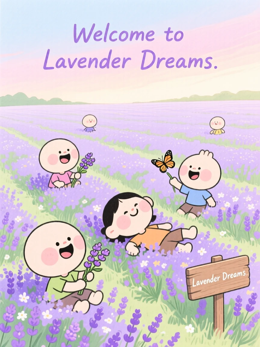 A serene landscape of a field of lavender stretching to the horizon under a pastel dawn sky