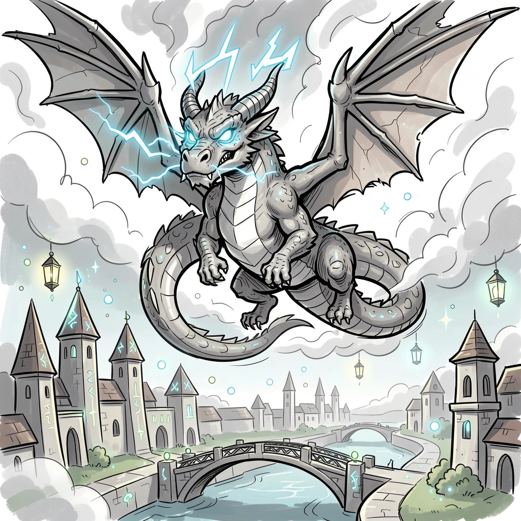 [Fantasy & Imaginative Scenarios] Imaginative fantasy scene of a valiant storm dragon soaring above an ancient enchanted city, brimming with wonder