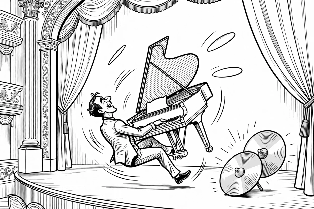 A pianist collapsing dramatically after a triumphant finale, spinning so fast the shoes seem to blur, set on an ornate opera house stage. Cymbals still shimmer from the last powerful hit. It radiates the joy of losing yourself completely in sound.