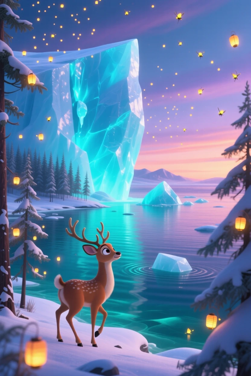 A glacier calving into the sea glows as fireflies begin to flicker in the twilight, with a single deer pausing at the tree line. The mood is serene, vast, and quietly majestic.