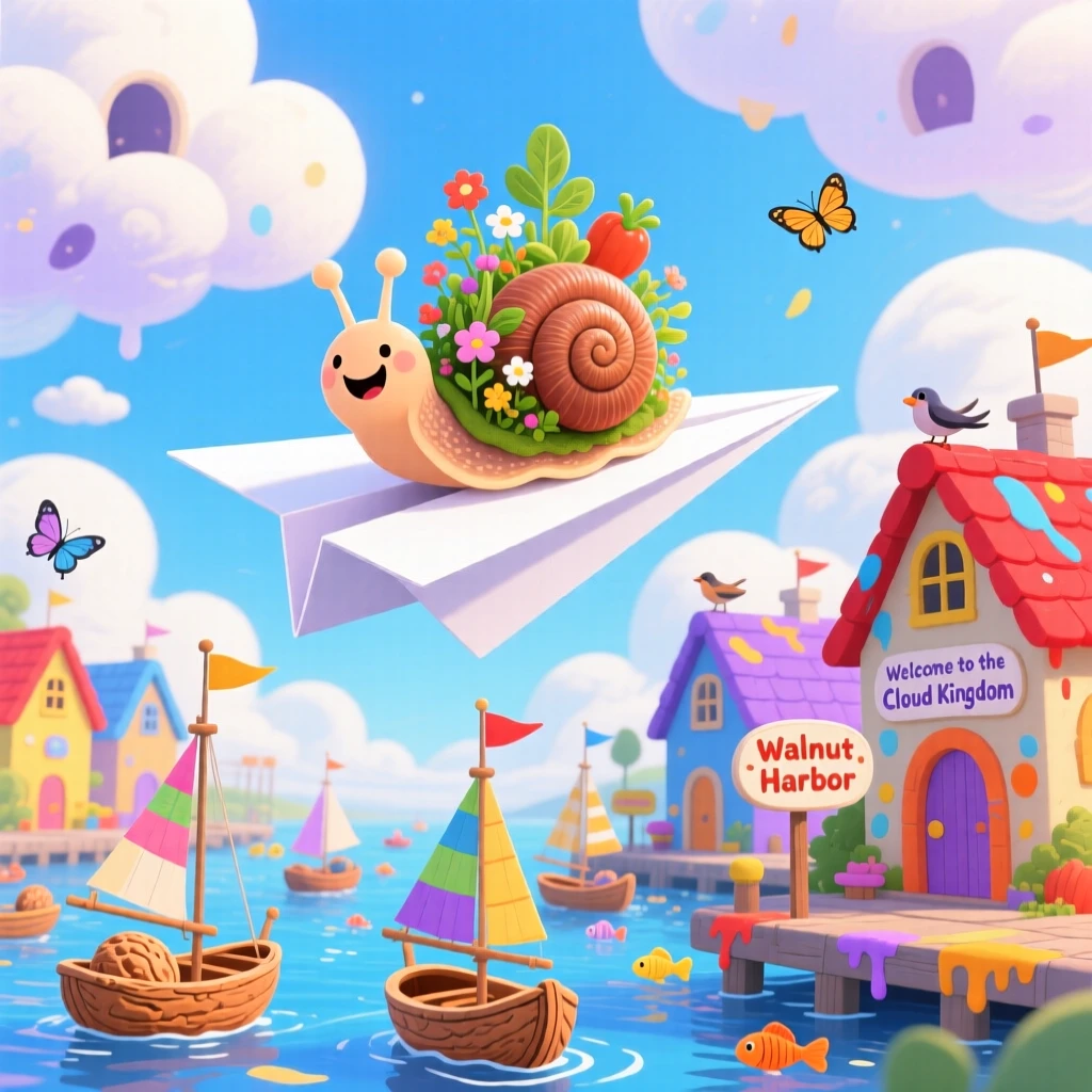 A snail carrying its own garden delights in riding a paper airplane across a cloud kingdom, tucked within a bustling harbor for walnut-shell boats, with color spilling from every rooftop.