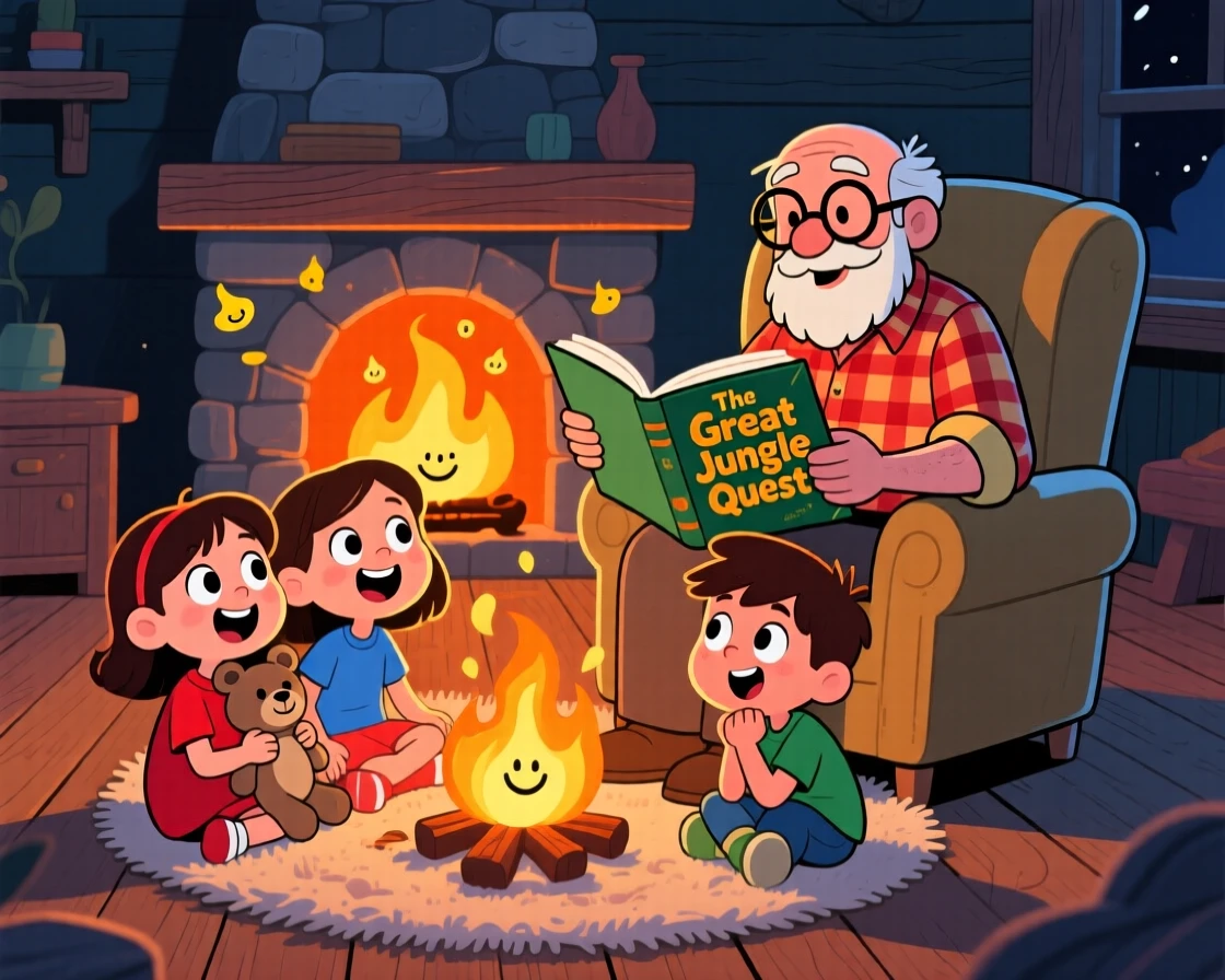 A grandfather reading an adventure story to grandchildren by firelight.