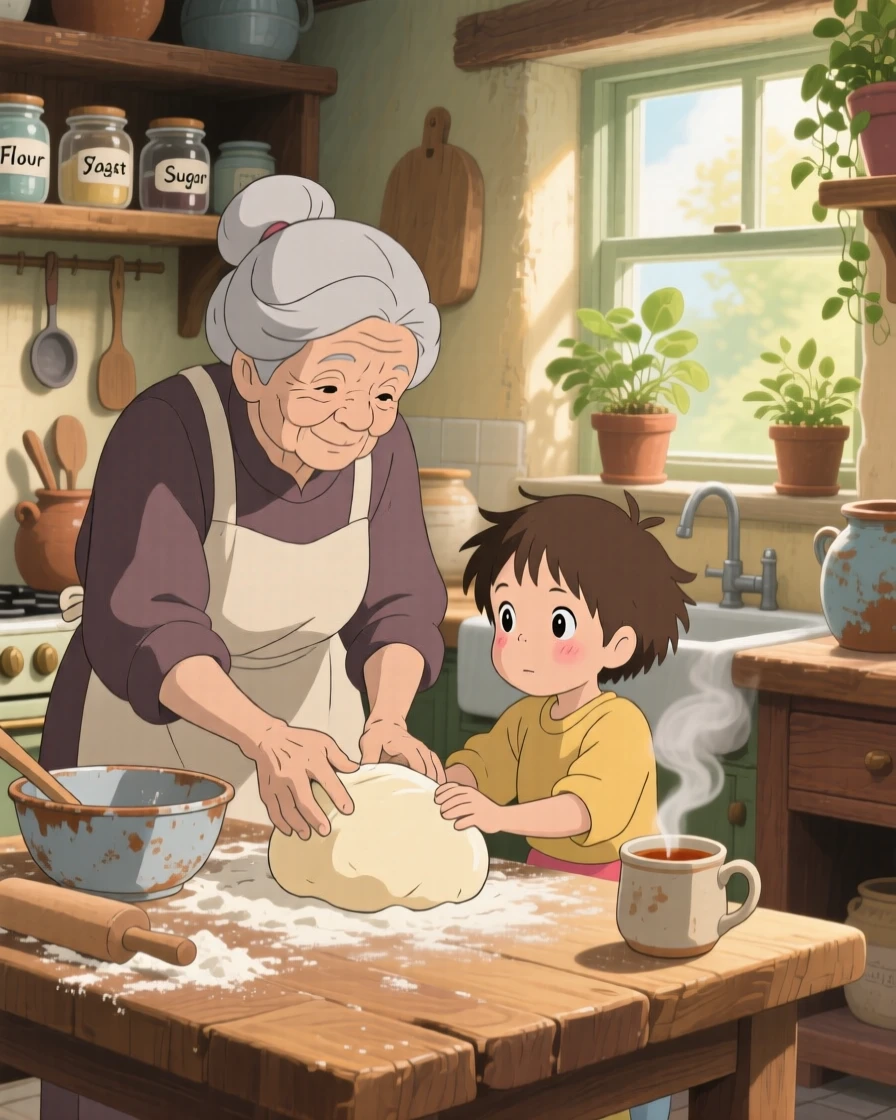 A grandmother teaching her grandchild to bake bread, steam rising gently from a mug of tea, the whole scene feeling full of homely charm.