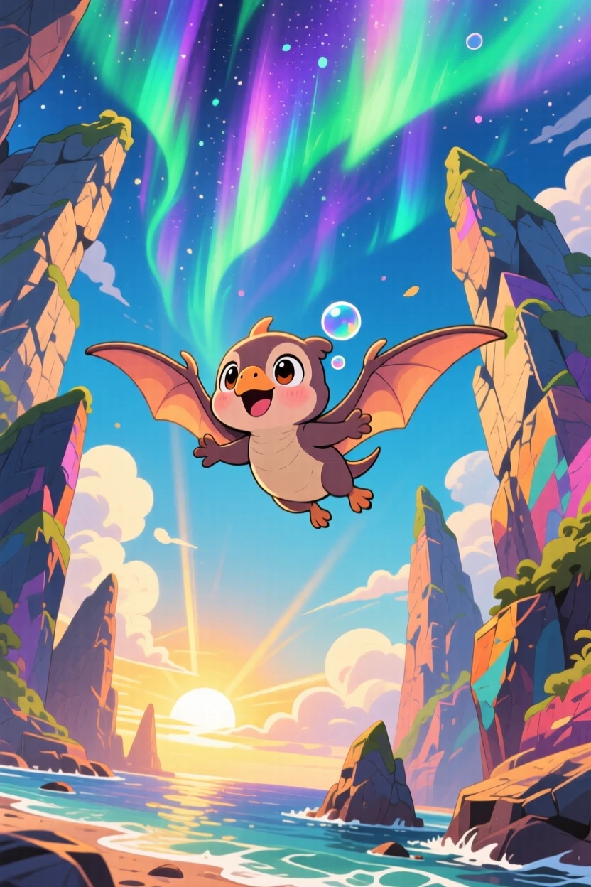 A baby pterodactyl learning to glide between rocky cliffs in a dramatic prehistoric coastline beneath swirling aurora-lit skies; rays of sunrise breaking through clouds washes over the scene as bubbly enthusiasm fills the moment. Worm's-eye view.