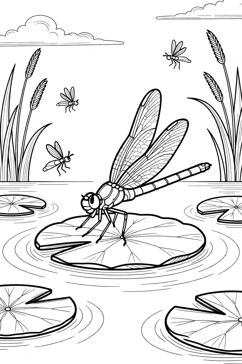 A dragonfly resting on a lily pad, surrounded by fireflies and drifting leaves.