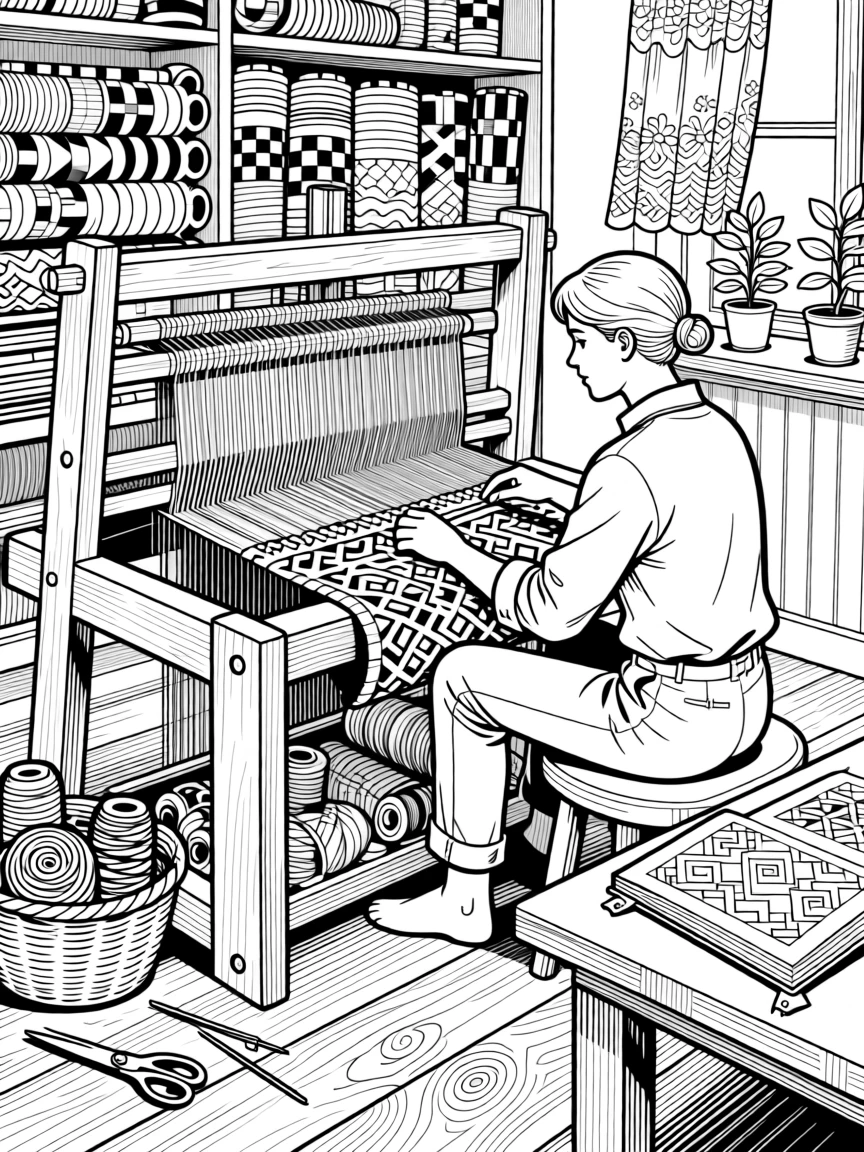 A weaving scene with intricate mat patterns.