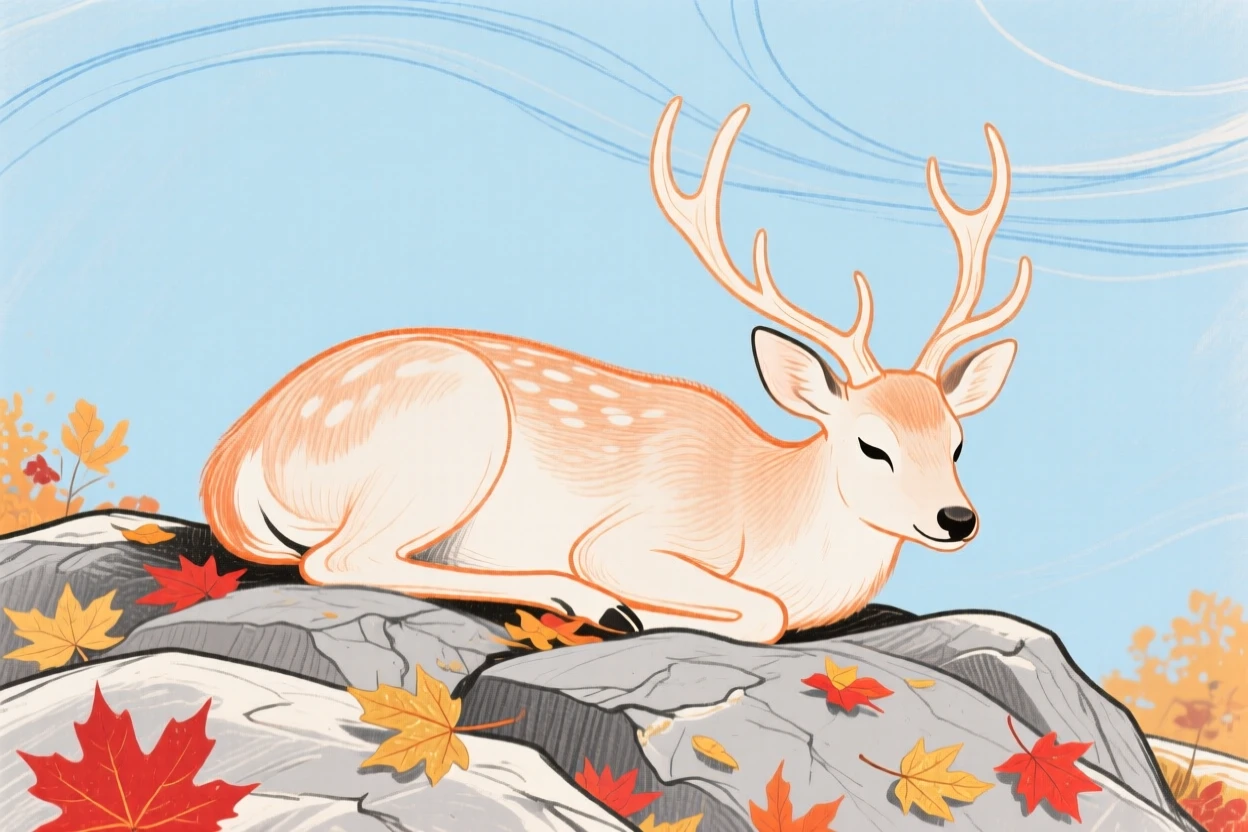A gentle deer curled up together on a rocky hillside on a crisp autumn day.