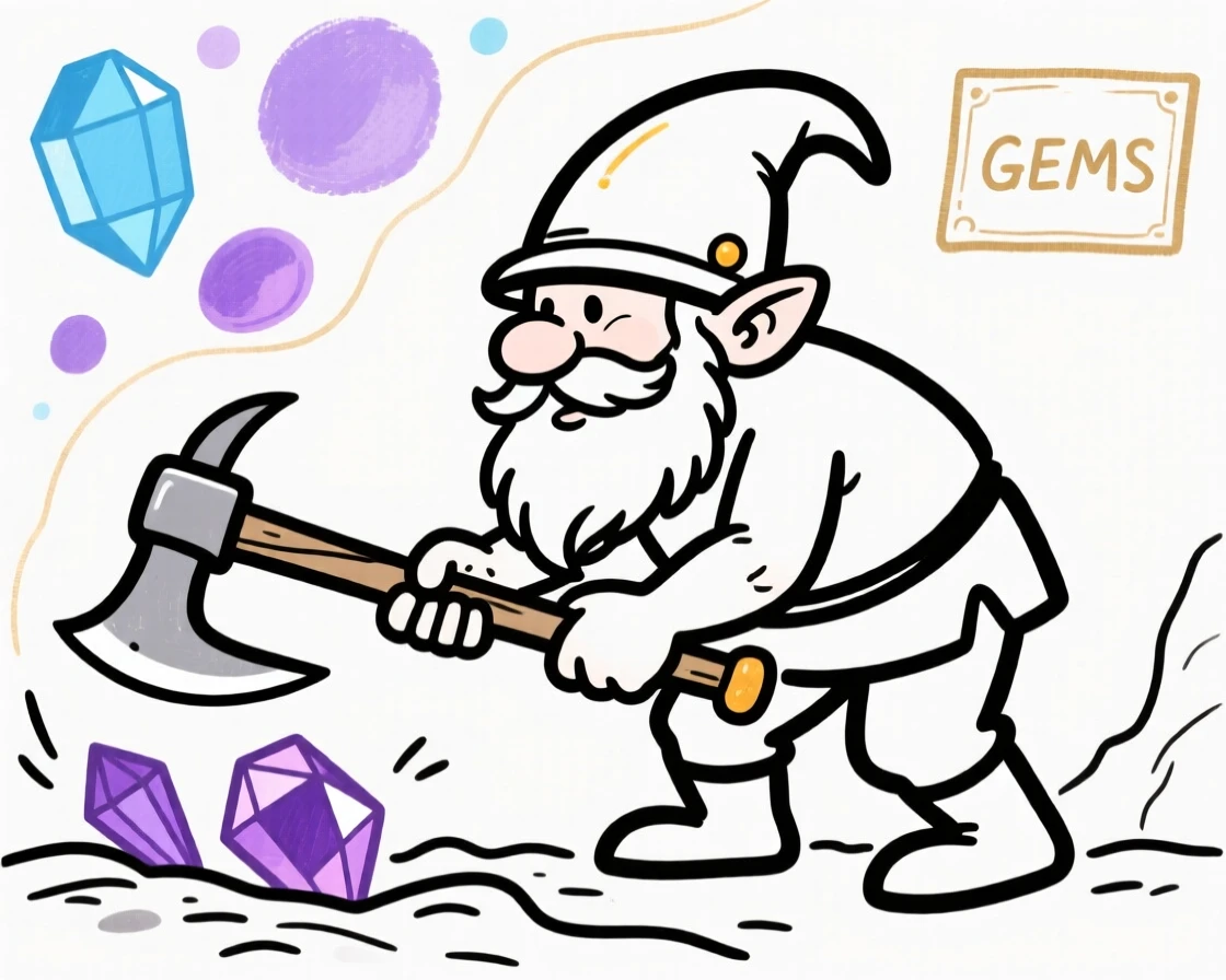 A dwarf mining precious gems